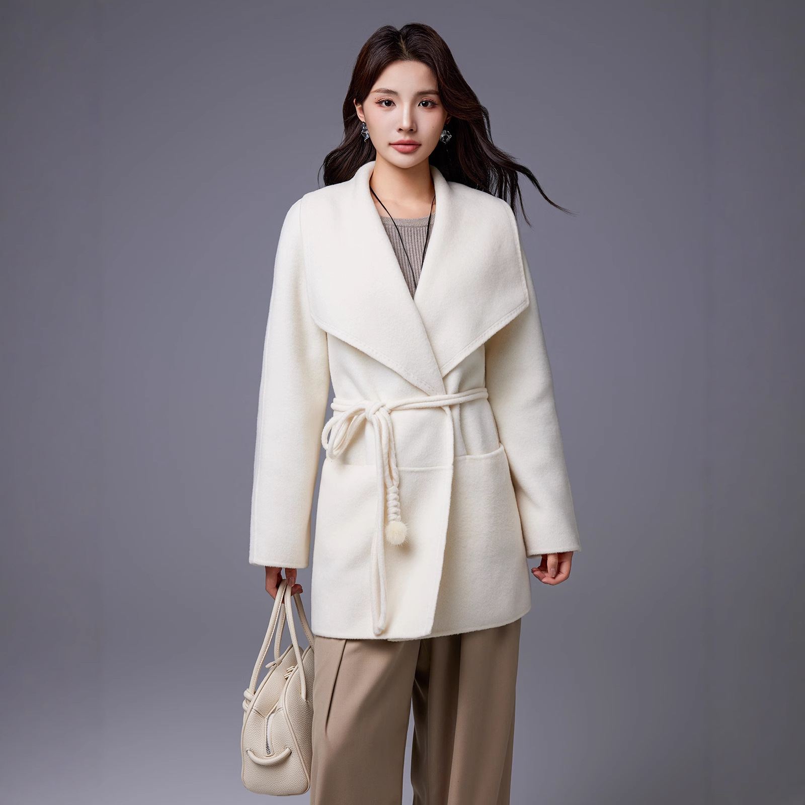 Large Lapel Design Autumn and Winter New Double-Sided Bathrobe Style Coat Women's Mid-Length Loose Lace-Up Sheep Wool Jacket