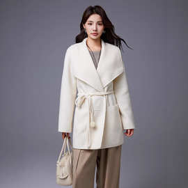 大翻领设计感秋冬新品双面浴袍款大衣女中长款宽松系带绵羊毛外套