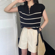 韩系复古翻领拉链条纹针织背心毛衣女秋冬内搭外穿气质坎肩上衣潮