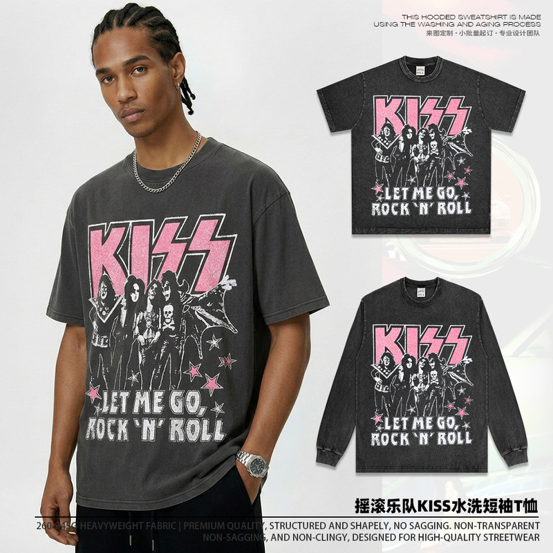 BC Rock Band KISS Washed Short Sleeve T-Shirt Crew Neck LET ME GO Mask Pink Crew Neck Hooded Sweater