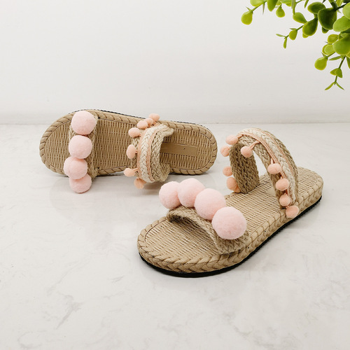 Fur ball tassel bohemian ethnic style new style flat sandals for summer wear on the beach and seaside