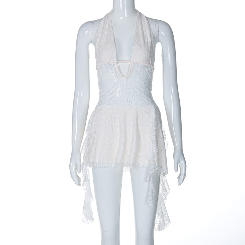 European And American Cross-Border New Sexy Hollow Deep V Backless Hot Girl Style Short Spliced Ribbon Halter Lace Dress_ecoleips.com
