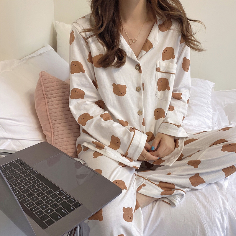 Nuevo estilo de pijama de lunares de las mujeres de estilo coreano pantalones de manga larga sueltos 2022 WeChat Generación de celebridades en línea ropa para el hogar traje de otoño e invierno