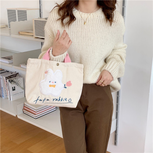11097 Cute Cartoon Rabbit Embroidered Canvas Bag Corduroy Tote Bag Female Student Work Commuting Lunch Bag