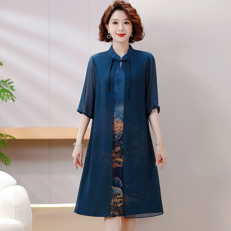 Физический оптовый мамочка летнее темпераментное платье среднего и пожилого женского летнего нового китайского стиля поддельное платье из двух частей