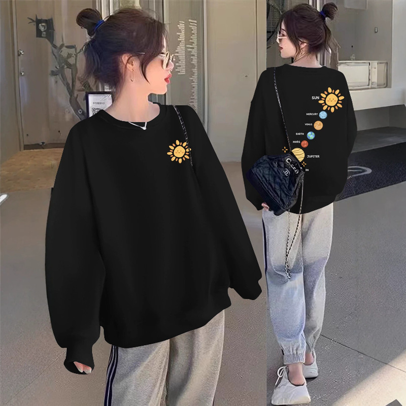 Black round-neck long-sleeve women's sweatshirt for autumn and winter, fleece-lined, casual, loose-fitting, hoodless pullover top