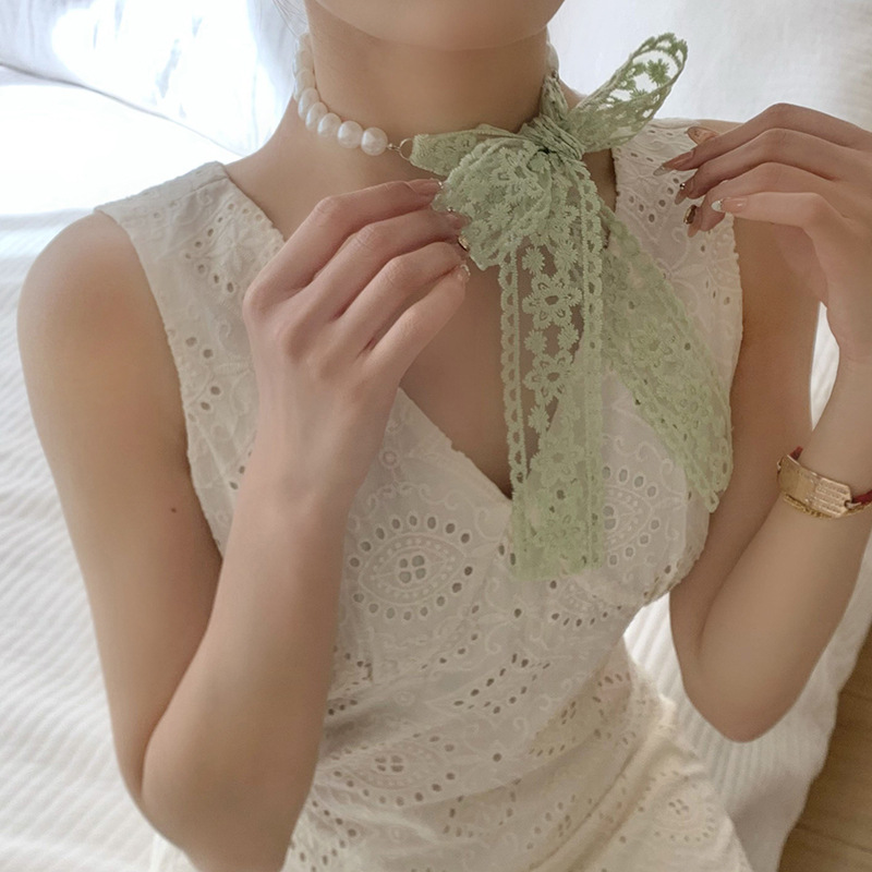 Pañuelo de seda de encaje, bolso tejido de alta calidad, regalo de mano de perlas, collar de perlas, bufanda de cadena de clavícula