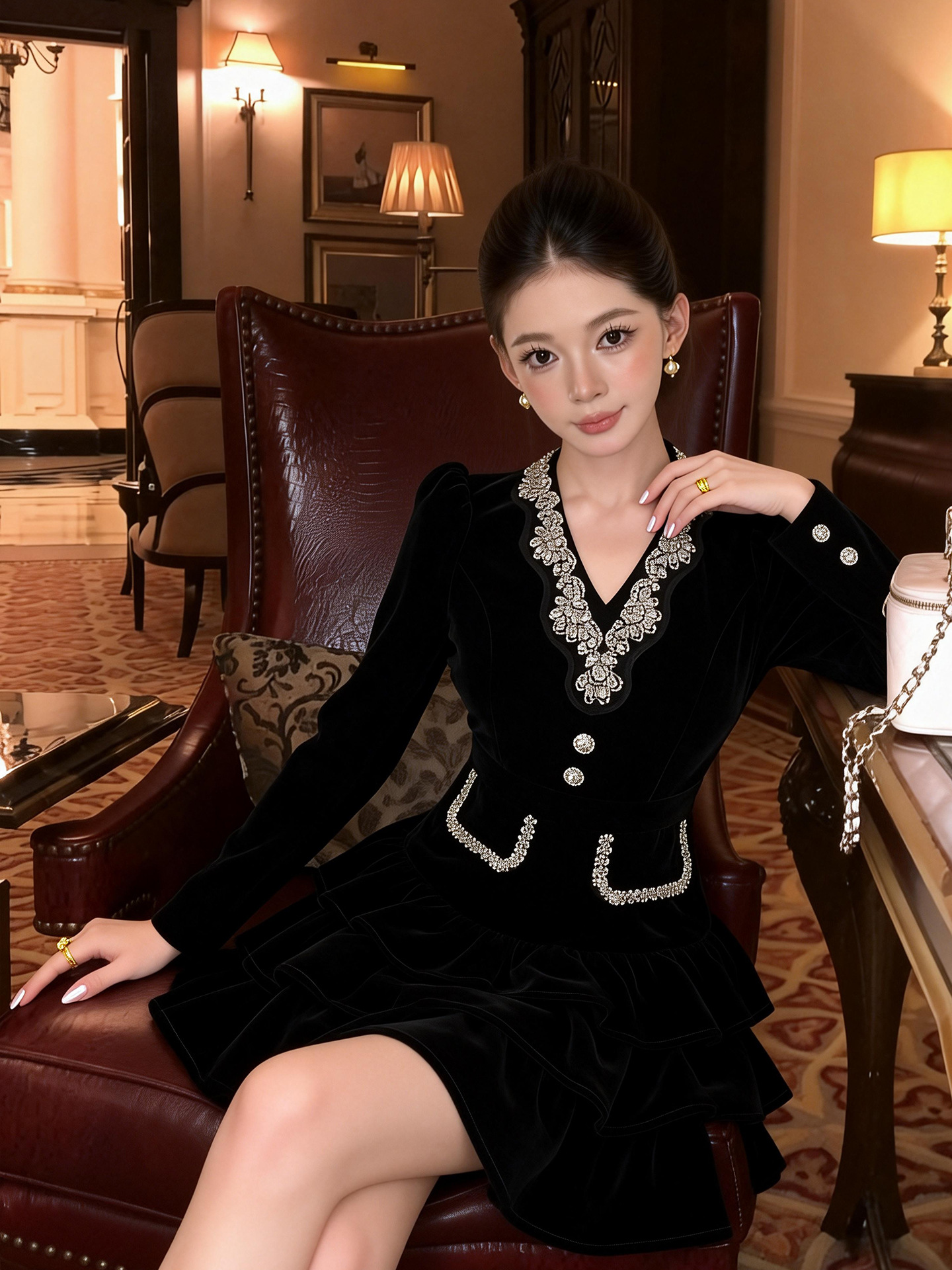 Đầm nhung bồng bềnh cổ V thắt eo đính đá phong cách Pháp — đen