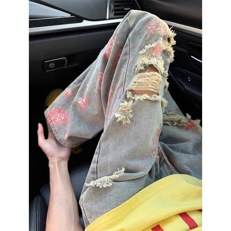 Floral Ripped Jeans Men's Straight Loose American High Street Pants Trendy Brand Cool Street Rose Full Print Long Pants