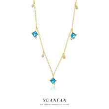 远梵s925纯银跨境海蓝锆石项链女轻奢复古方块彩锆吊坠欧美锁骨链