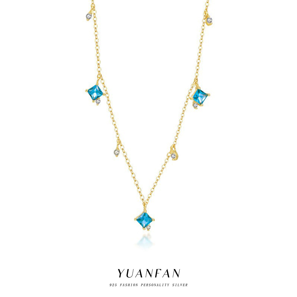 远梵s925纯银跨境海蓝锆石项链女轻奢复古方块彩锆吊坠欧美锁骨链