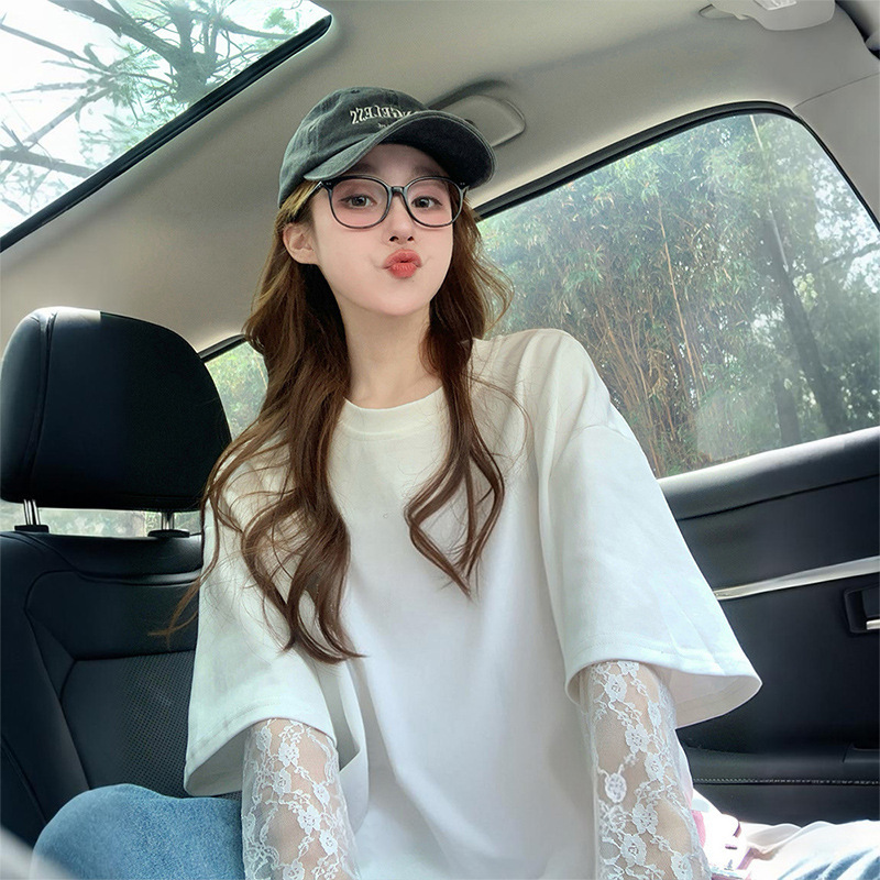 Korean Style Spliced ​​Lace Sleeve Round Neck Short-Sleeved T-Shirt for Women Ins Design Summer Loose Slimming Look Casual Top Trendy
