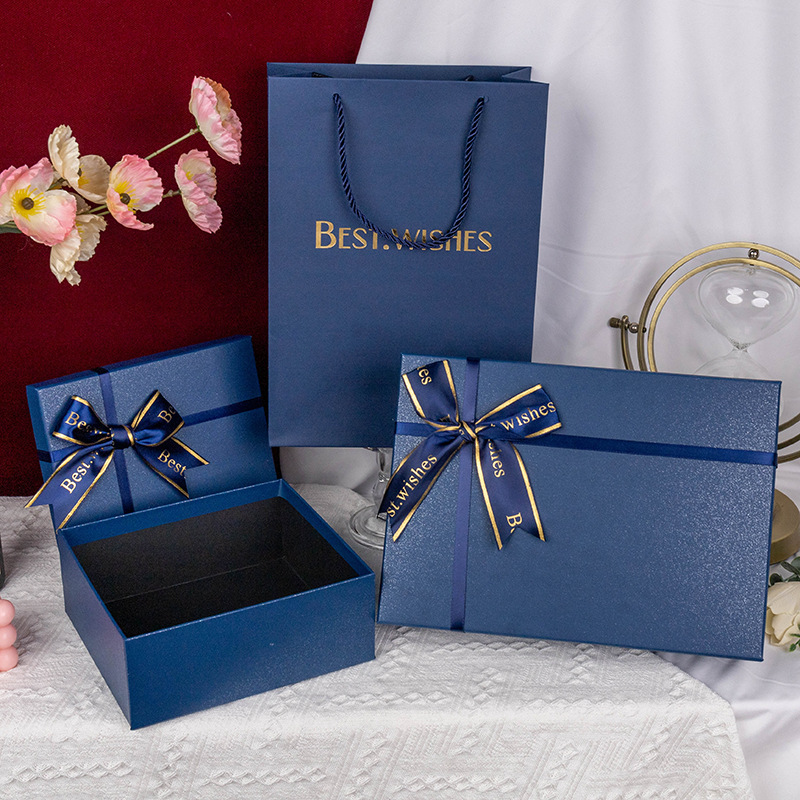 En stock caja de regalo arco azul Tapa Rectangular caja de regalo cosméticos caja de embalaje caja de regalo de mano al por mayor