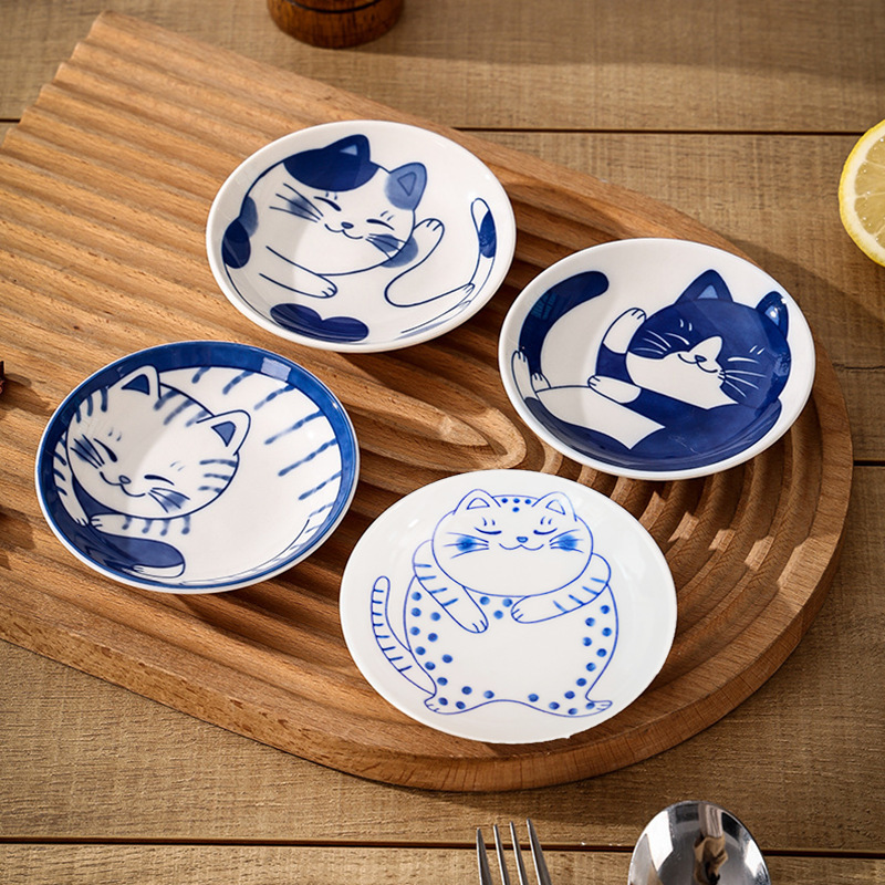 Cross-Border Cultural and Creative Cat Bone China Flat Plate Creative Plate Snack Plate Value Dipping Sauce Plate Vinegar Plate Flavor Plate Fcm Qualification