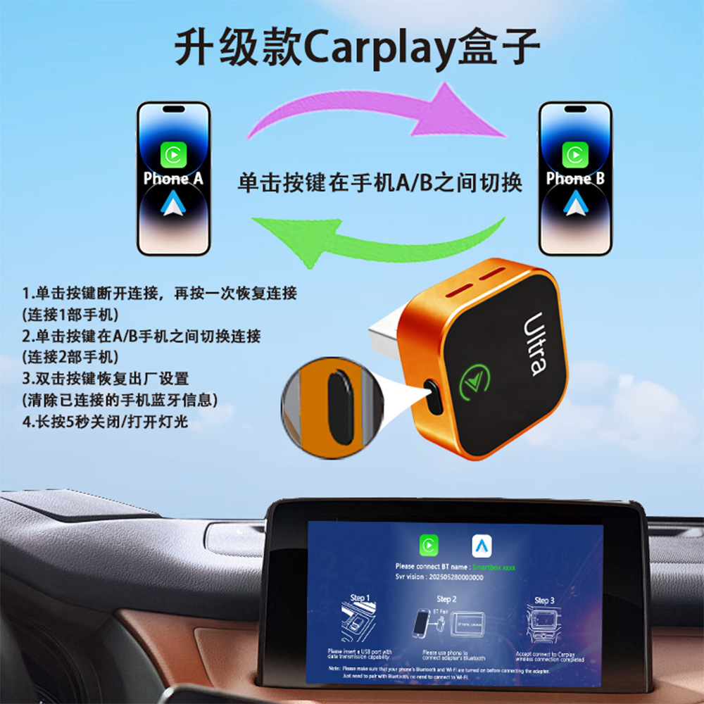 Cross-Border New Carplay Box Wired to Wireless Android Auto Two-In-One Adapter for Car Connectivity