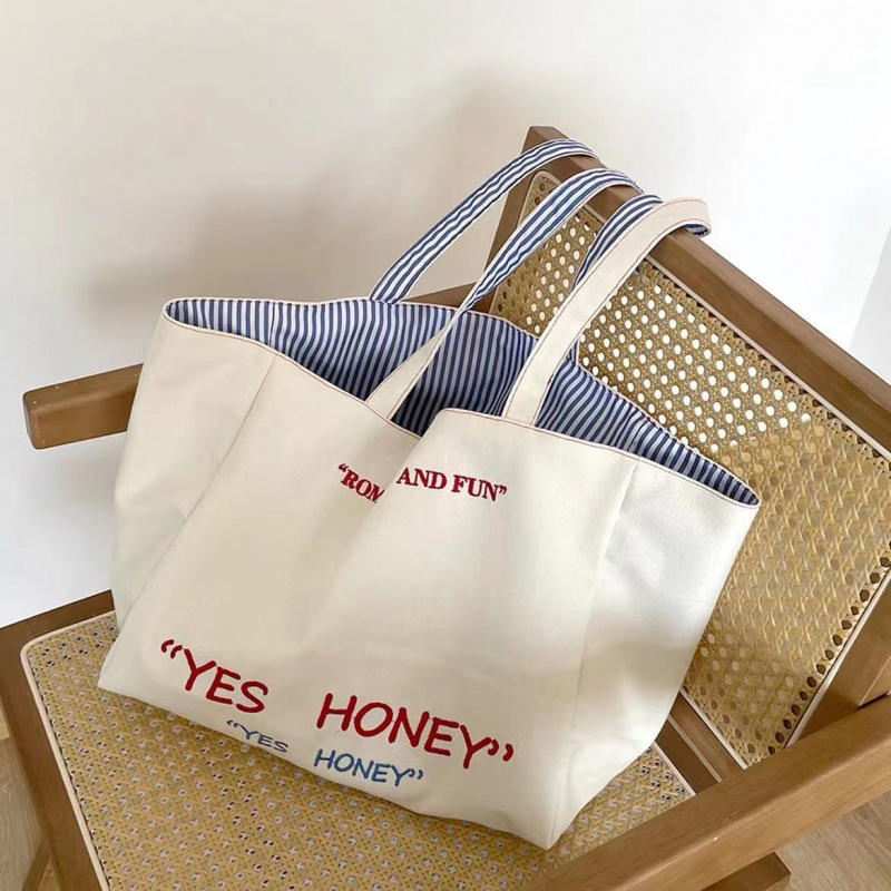 Korean Large-Capacity Tote Bag, Reversible Double-Sided Striped Shoulder Bag, Textured Embroidered Student Canvas Bag, Women's Commuter Bag