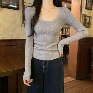 气质u领漏锁骨针织毛衣女春季修身正肩内搭上衣韩版肌理感打底衫