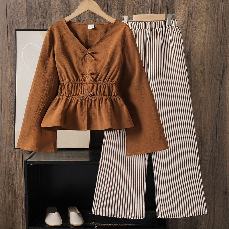 Girls' Outfit Cross-Border Children's Clothing 2026 Spring New Design Bell Sleeves Bow Tie Waist-Cinching Top Wide-Leg Pants