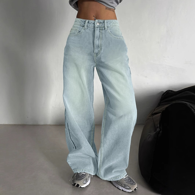 Cross-Border Foreign Trade Amazon European and American Retro Boyfriend Style Jeans for Women Loose Wide-Leg Straight Casual Floor-Length Trousers