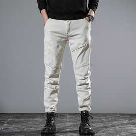 2023欧美工装拼接白色休闲牛仔裤男潮流个性痞帅拉链装饰修身裤子