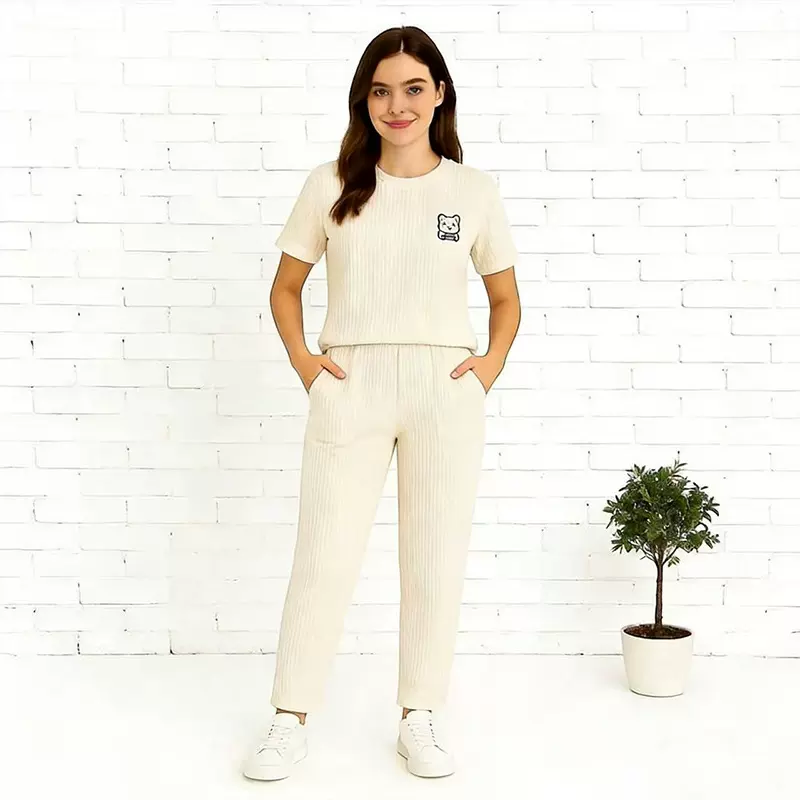 2025夏季新款休闲芊芊叶时尚卡通刺绣两件套高腰宽松简约休闲套装