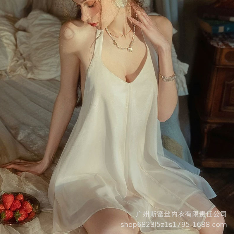Zhao Lusi's Same Style Nightgown, Sexy Nightgown, Women's Halterneck Suspender Nightgown, Can Be Worn Outside, Home Clothes, Loose and Pure Lust Style