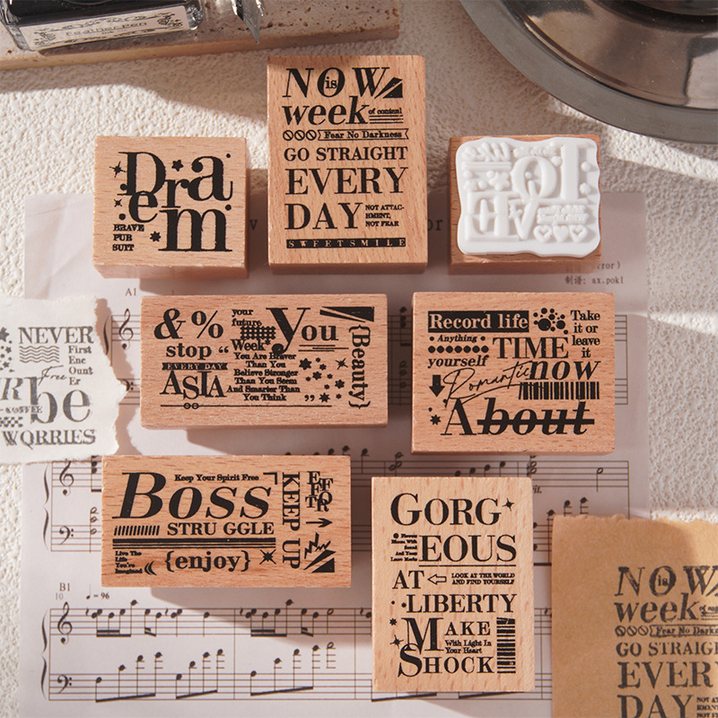 Mengyuan Eternal Retro Inglés Libro de mano de madera Juego de sellos Caja Diy Libro de mano Impresión decorativa Juego de sellos transfronterizos