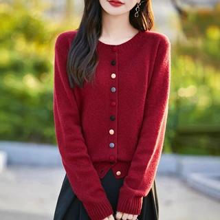 厂家定制彩扣圆领小香风开衫羊毛衫女装韩版宽松女针织衫长袖毛衣