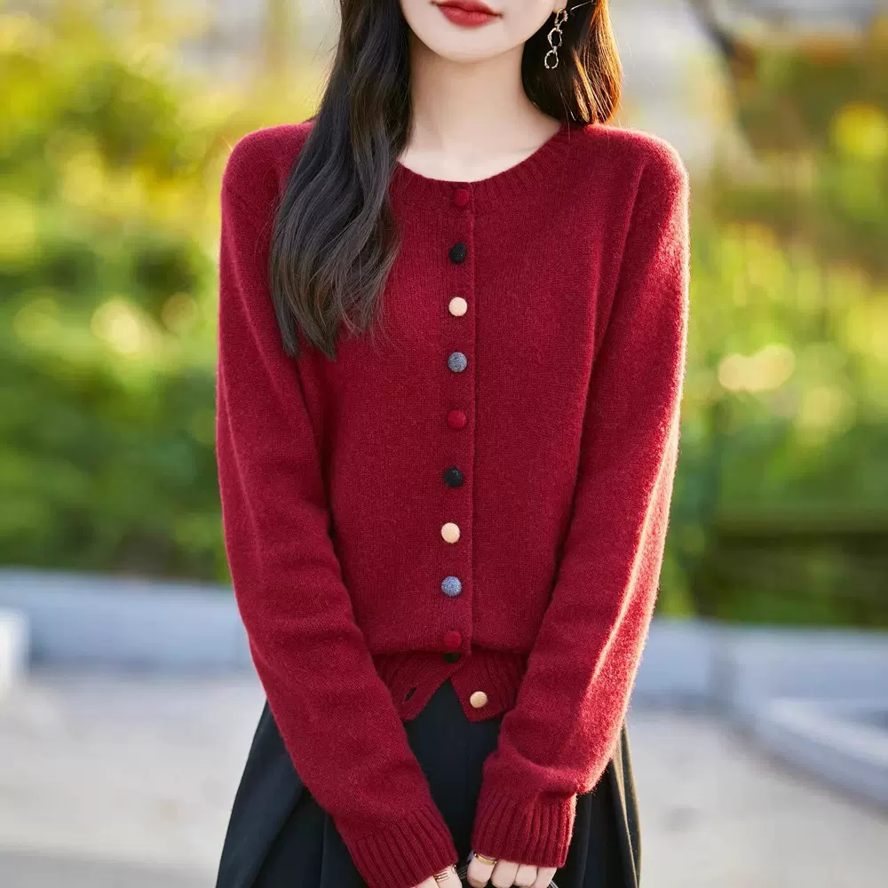 厂家定制彩扣圆领小香风开衫羊毛衫女装韩版宽松女针织衫长袖毛衣