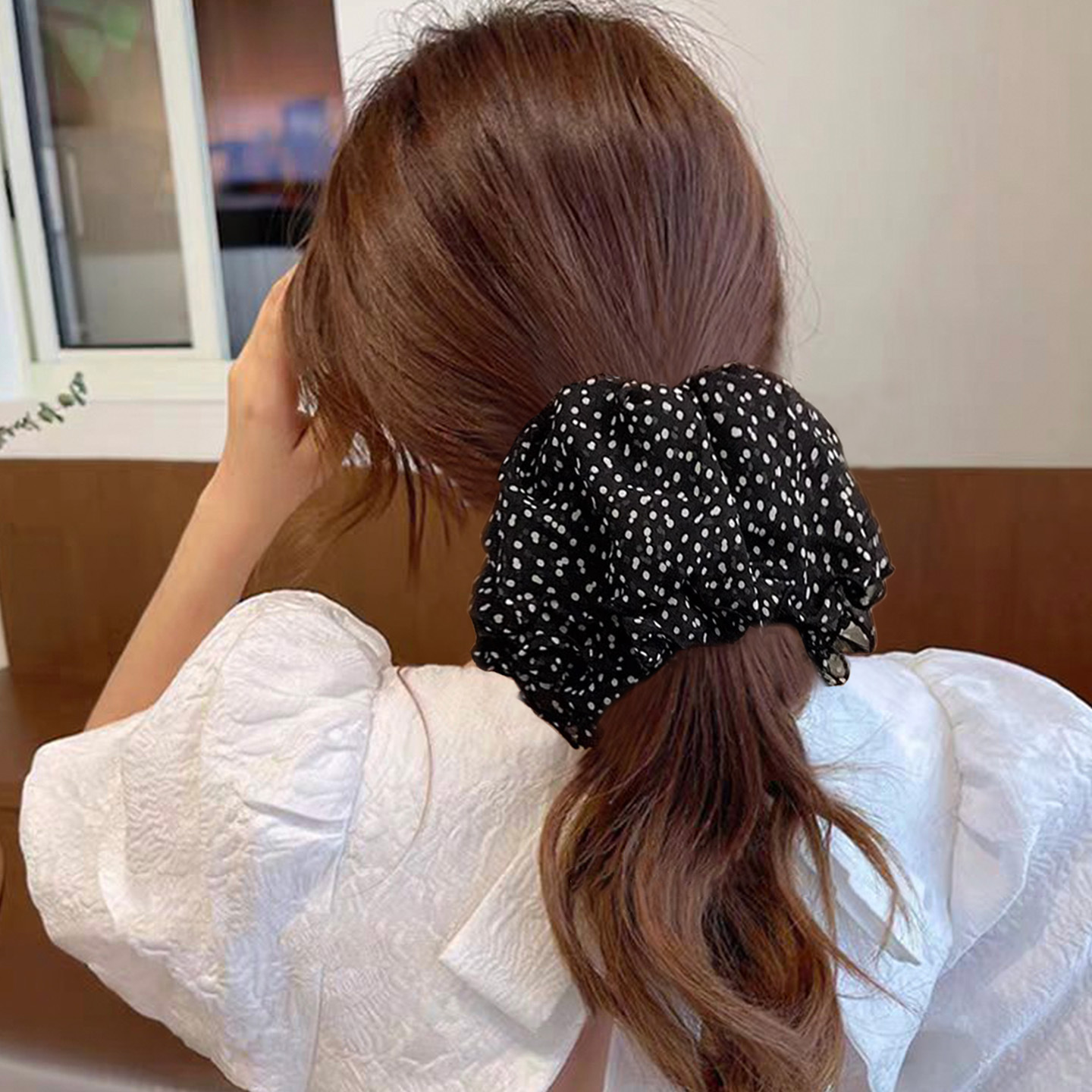 Xianqi blanco, falda de doble capa, lunares, anillo para el cabello de intestino grueso, nuevo cabello coreano de gran tamaño, bola baja, cuerda para el cabello, accesorios para el cabello perezosos