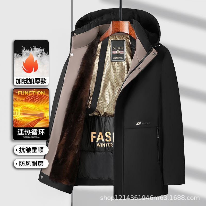 冬季男装派克服中老年人爸爸新款棉服加绒加厚中长款棉衣防风外套