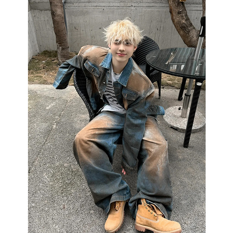 "Waste Soil" Niche Vintage Old Denim Coat Men's Spring and Autumn American New-style Western Wear Jeans