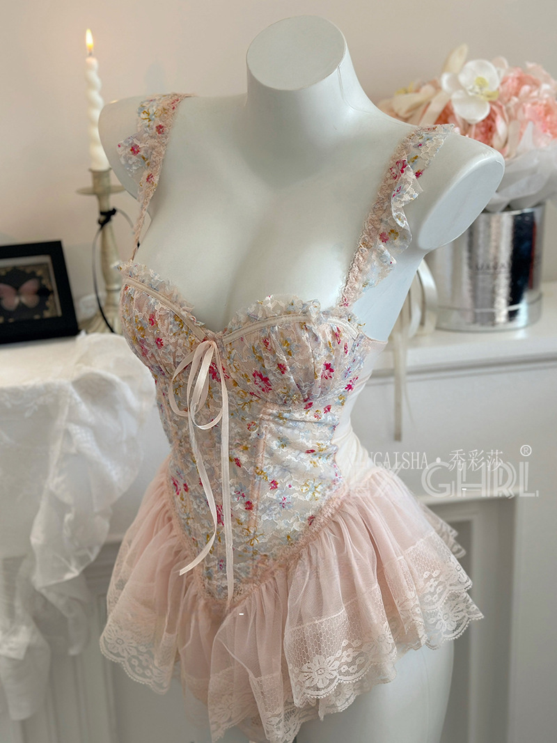 Floral Lace Corset Lingerie Set with Push-Up Pads, Mini Skirt and Thong — detail image 18