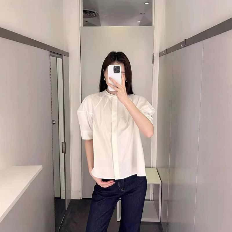 Minimalist Design Cos Style Puff Sleeve Shirt for Women, Summer French-Style White Round-Neck Cotton Short-Sleeve Top