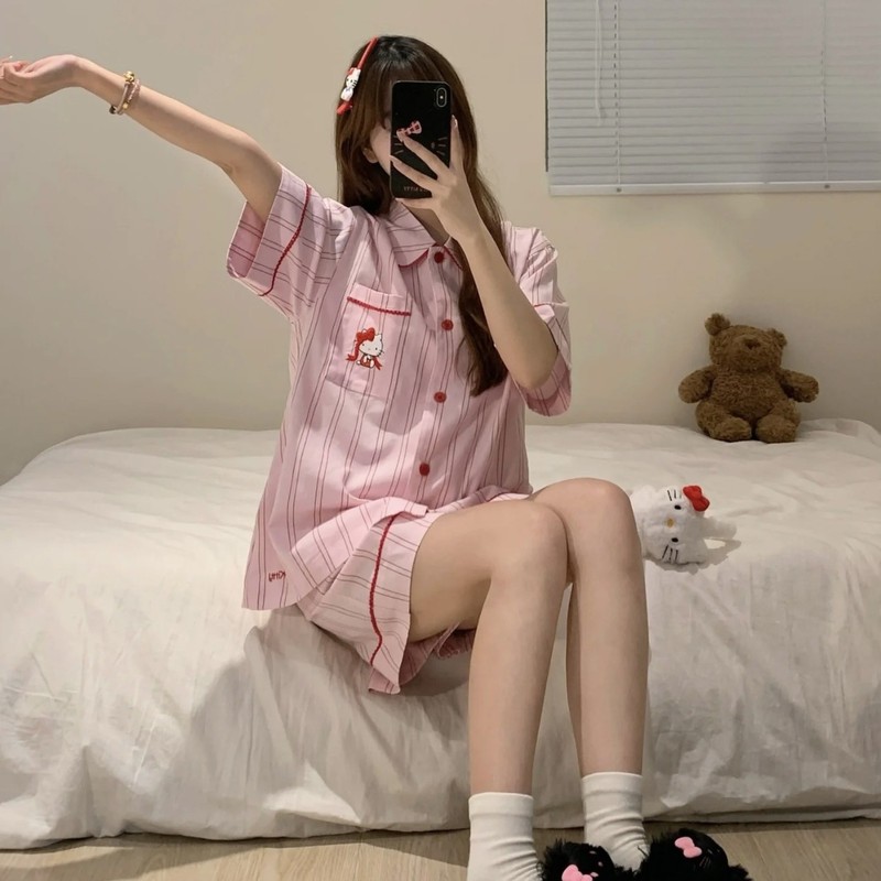 ビーストホーム漫画 kt 猫テンセル綿ホーム服セット新しい四季着用可能なストライプの女性のパジャマ|undefined