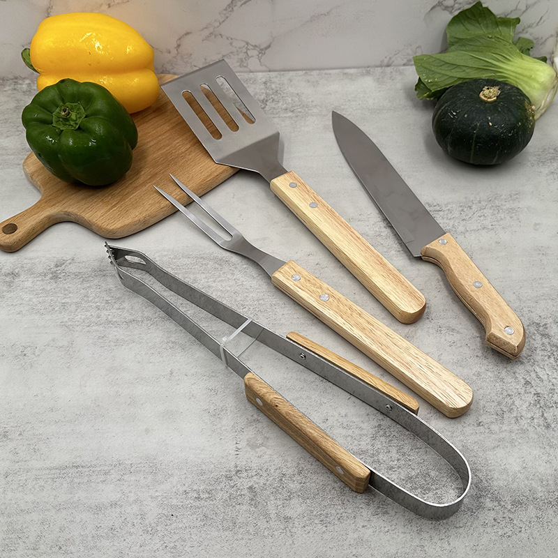 Juego de Utensilios para Barbacoa con Mango de Madera de 4 Piezas