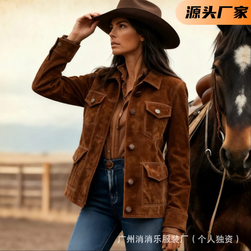 2025 Cross-Border European Size Women's Retro Suede Multi-Flap Pocket Pants Lapel Shirt Brown Short Jacket 2025 Cross-Border European Size Women's Retro Suede Multi-Flap Pocket Pants Lapel Shirt Brown Short Jacket