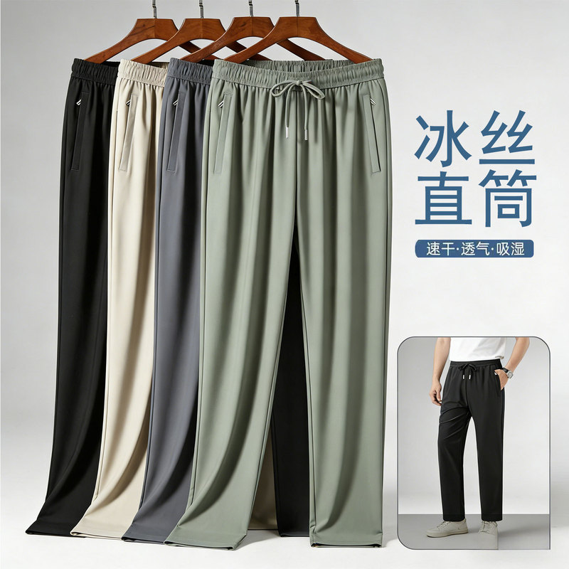 [22% Spandex] Ice Silk Casual Pants Men's Casual Summer Elastic Breathable Straight-Leg Sports Pants Long Pants Men's Pants