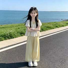 女童法式甜美圆点短袖九分阔腿裤套装2026新款夏季洋气女孩两件套