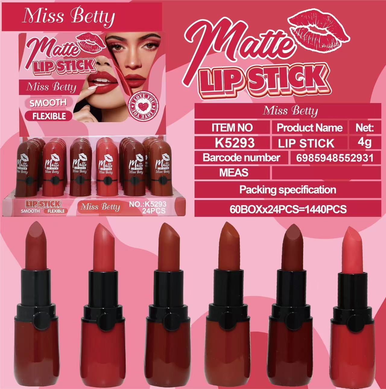 Lápiz Labial Miss Betty Nuevo, Comercio Exterior Transfronterizo, Color Único, 6 Colores, Brillo Labial, Dos en Uno, Maquillaje 2 en 1