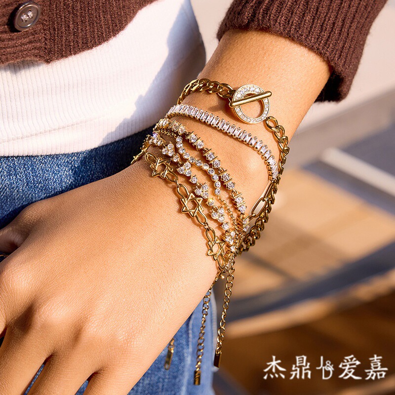 Jieding European and American Stainless Steel Zircon Tennis Bracelet, Light Luxury High-End Feel, Ins Korean Style Hand Jewelry, Titanium Steel Cross-Border Accessories