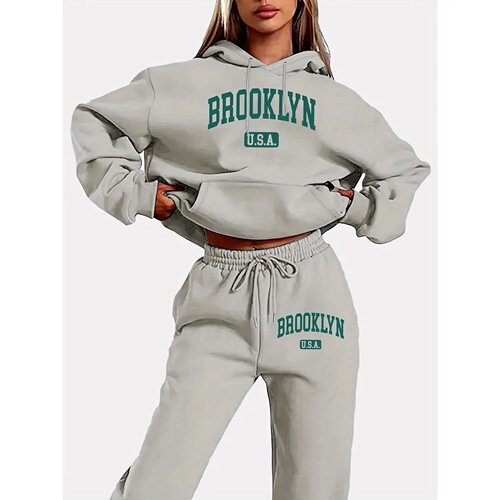 Cross-border European and American foreign trade New women's clothing fashionable casual loose hooded hooded sweater set printed medium women's large size