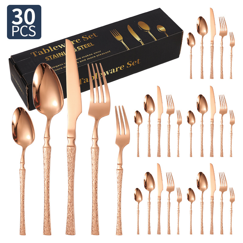 Cuchillos, tenedores y cucharas de acero inoxidable con cintura pequeña transfronteriza Juego de vajilla de acero inoxidable con cuchillo y tenedor de filete dorado, juego de 20/24/30