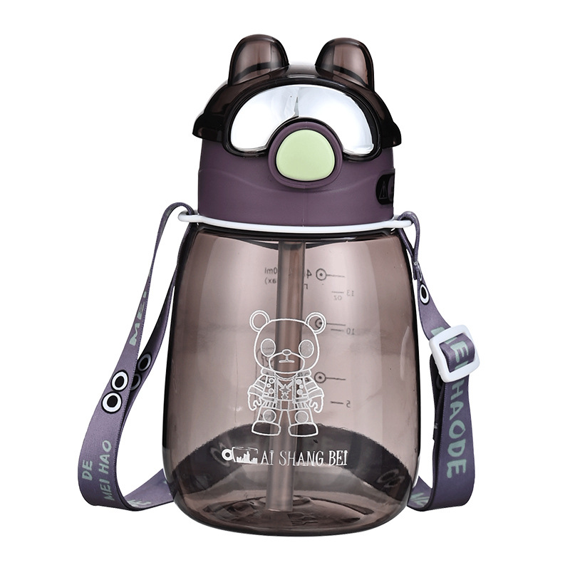 Caricatura encantadora oso mecánico para niños taza de paja portátil cinturón de cuerda para niños pequeños taza de aprendizaje de bebidas cubierta de bala de plástico a prueba de caídas