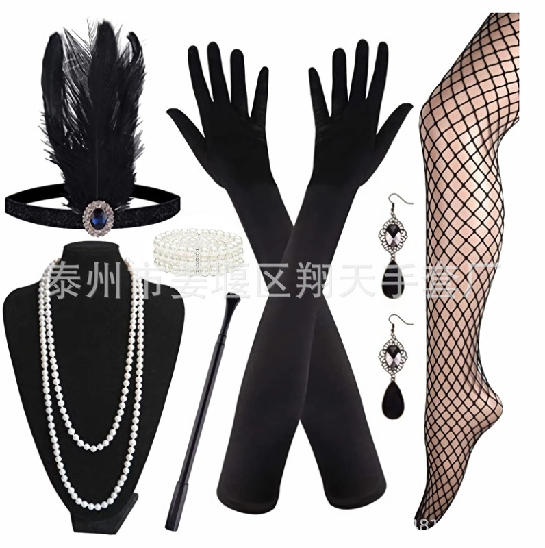 Gatsby 1920s Bachelorette Party Vintage Feather Hair Band suit Tiara Necklace Gloves Smoke Cam Cross Border