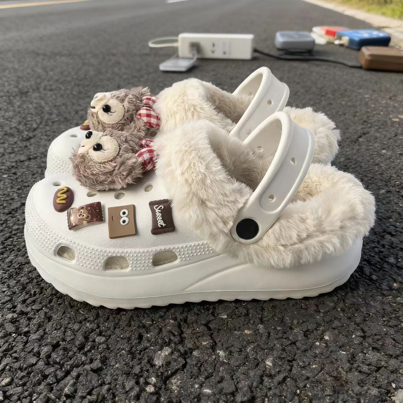 Detachable Fleece-Lined Clogs for Outdoor Wear, Winter Warm Thick-Soled Non-Slip Cotton Slippers for Women, Cross Cool Clogs