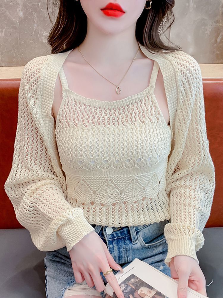 2025春秋新款辣妹镂空针织开衫女夏季外套披肩搭配吊带上衣两件套
