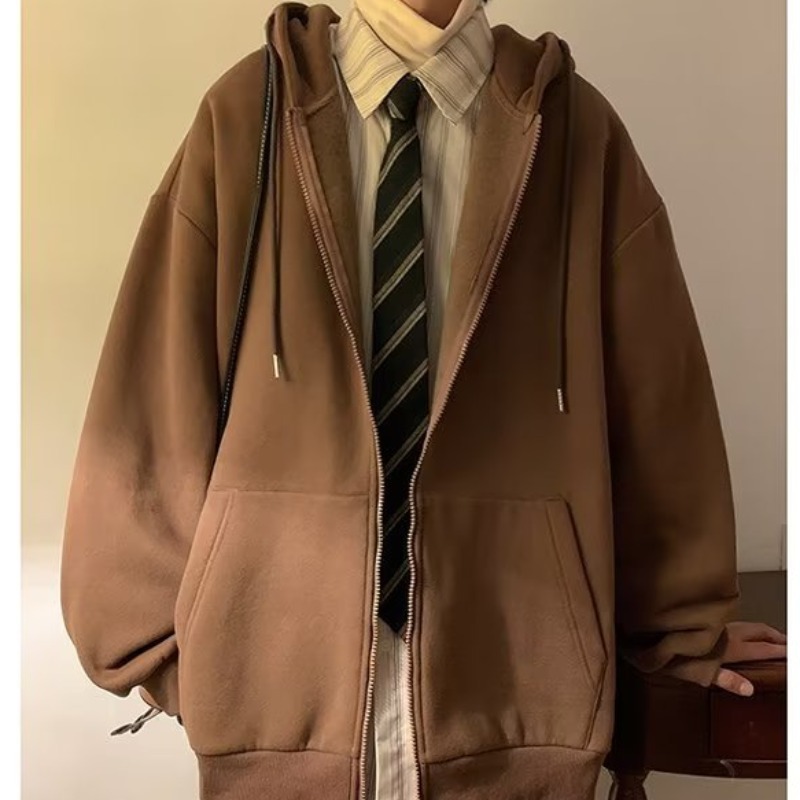 브라운 솔리드 컬러 지퍼 가디건