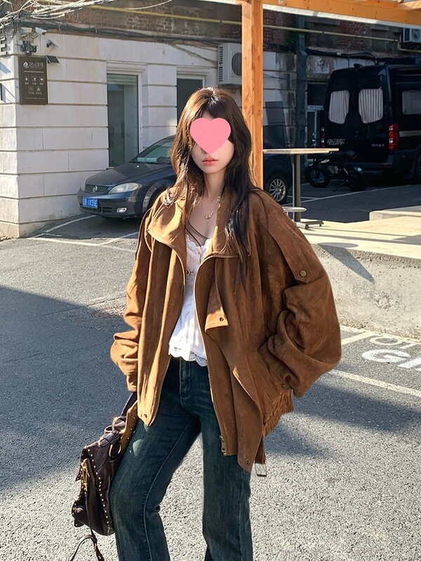 麂皮绒机车外套秋季复古美拉德休闲宽松慵懒翻领廓形感夹克女|undefined