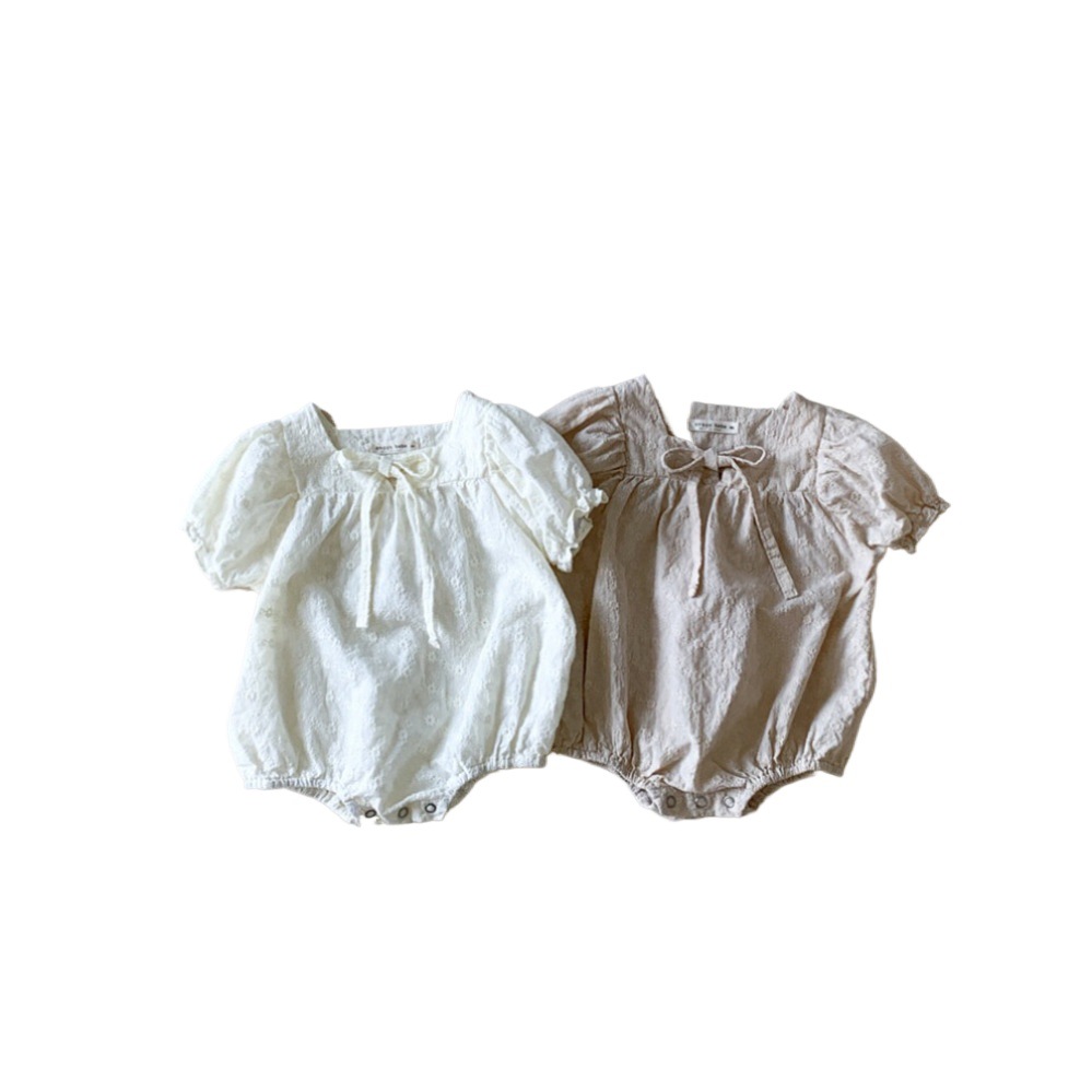 Estilo coreano ins verano bebé niña bebé fino algodón bordado pequeña flor cuello cuadrado manga corta mono mameluco con pañuelo en la cabeza mameluco